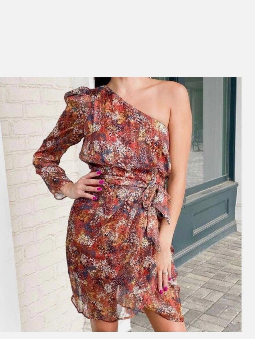 Adelyn Rae One-Shoulder Floral Dress in Rust Multi - Picture 2 of 5